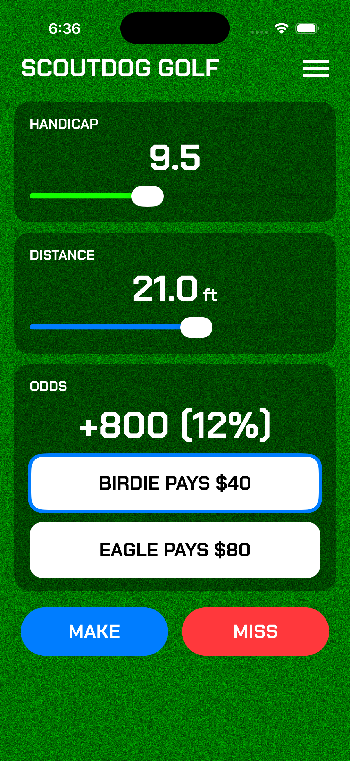 ScoutDog Golf app showing putt odds calculator with handicap and distance inputs