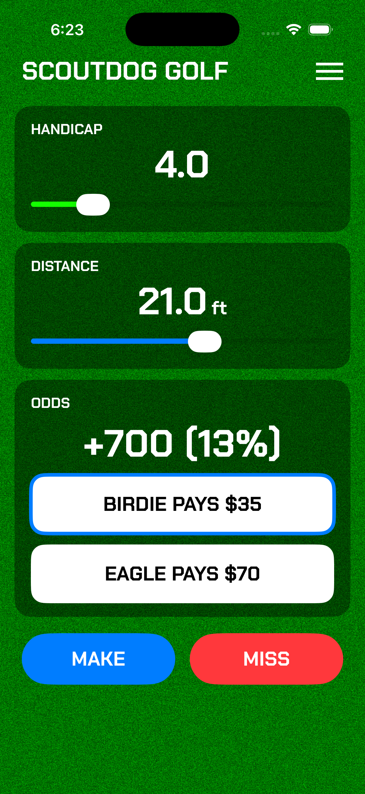 ScoutDog Golf app showing bet tracker with birdie and eagle payouts